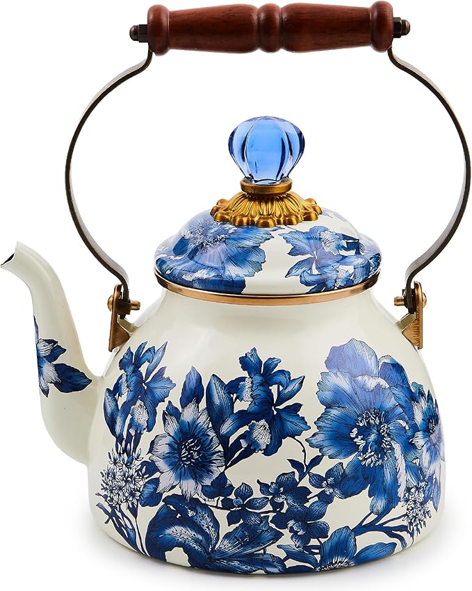 2-Quart Enamel Tea Kettle, Cute Tea Kettle for Stovetop, Royal English Garden