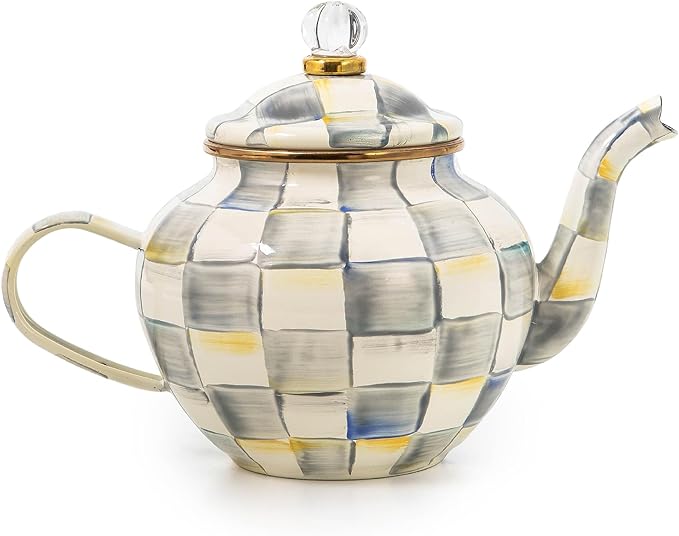4-Cup Enamel Teapot, Cute Small Teapot with Lid, Gray-and-White Sterling Check