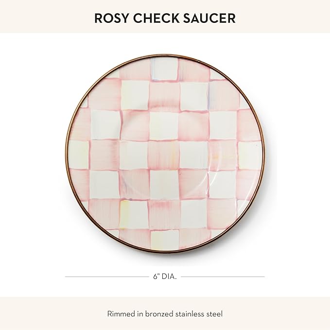 Enamel Saucer, Small Enamel Plate for Teacups, Pink-and-White Rosy Check