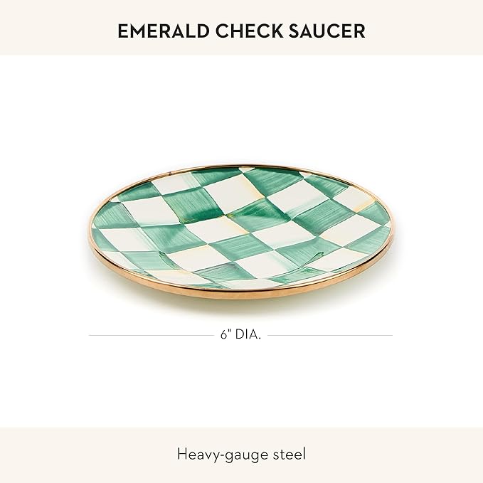 Enamel Saucer, Small Coffee and Teacup Saucer, Green-and-White Emerald Check