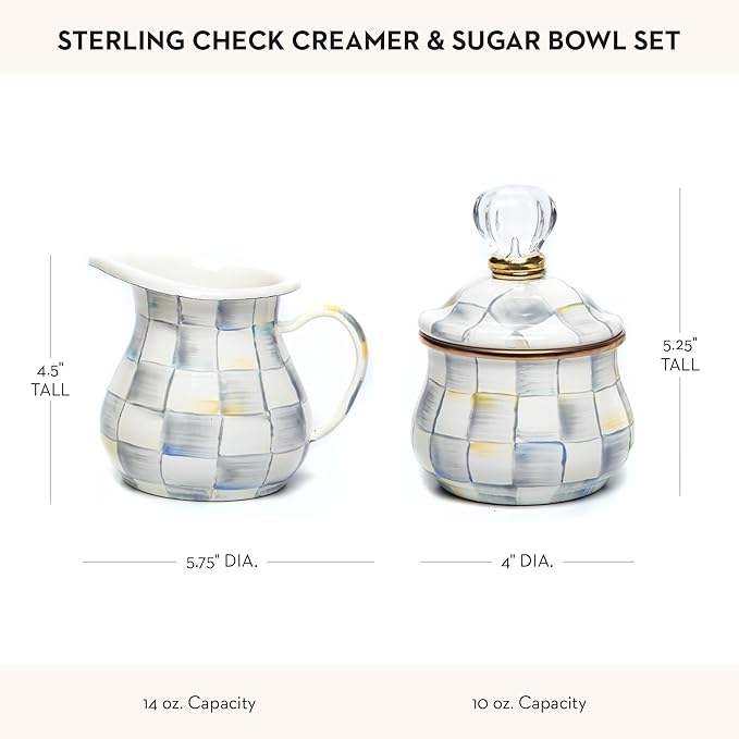 Enamel Creamer and Sugar-Bowl Set, Cream Dispenser and Sugar Holder, Unique Kitchen Decor, Gray-and-White Sterling Check