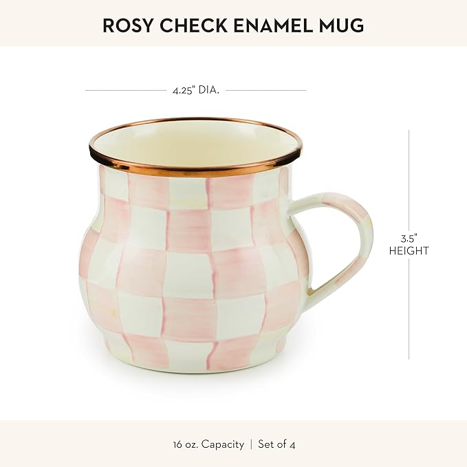 Enamel Mug, Cute Enamelware Coffee and Tea Mug, Unique Drinkware, 16 Ounces, Pink-and-White Rosy Check, Set of 4