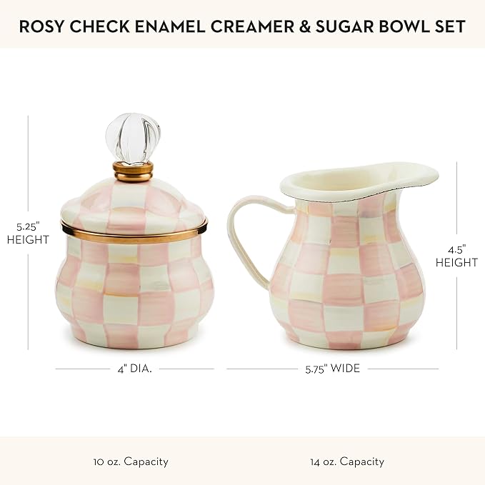 Enamel Creamer and Sugar-Bowl Set, Cream Dispenser and Sugar Holder, Unique Kitchen Decor, Pink-and-White Rosy Check