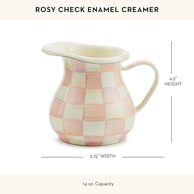 Enamel Creamer, Creamer Dispenser with Pour Spout, Kitchen Enamelware, Pink-and-White Rosy Check