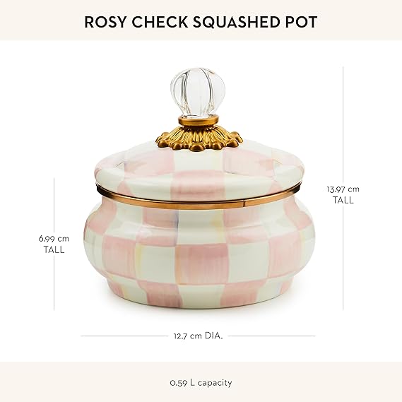Enamel Squashed Pot, Cute Enameled Container with Lid, 20 Ounces, Pink-and-White Rosy Check