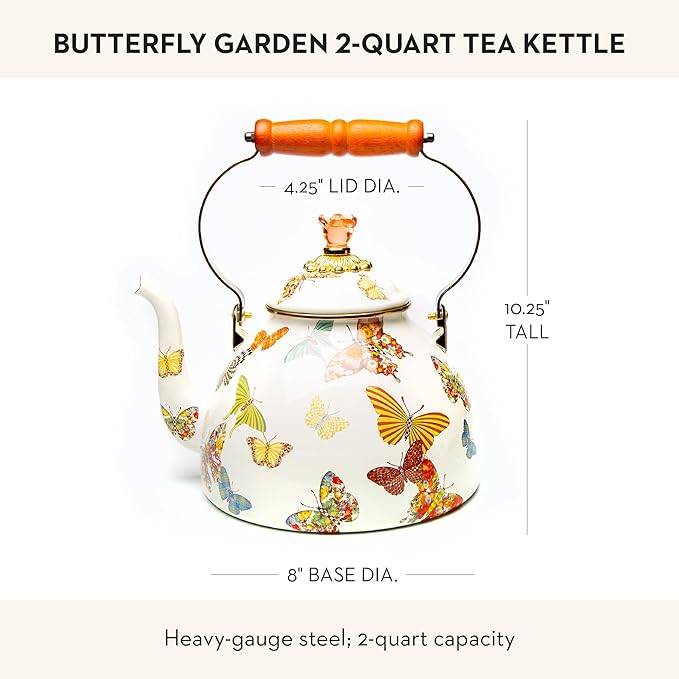 Enamel Tea Kettle, Cute Kitchen Kettle for Stovetop, 2-Quart Capacity, Butterfly Garden