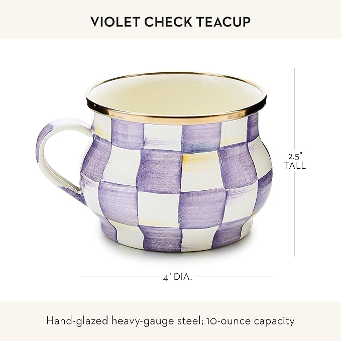 Enamel Teacup, Unique Coffee and Tea Mug, Enamel Cup for Hot Tea, Purple-and-White Violet Check