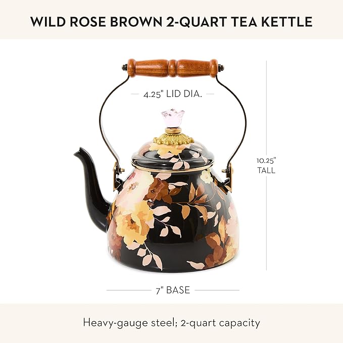 Enamel Tea Kettle, Cute Tea Kettle for Stovetop, 2 Quarts, Wild Rose Brown