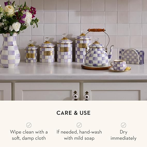 Enamel Canister, Kitchen Storage Container with Lid, Medium, Purple-and-White Violet Check