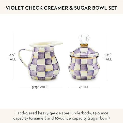 Enamel Creamer and Sugar Bowl Set, Cream Dispenser with Pour Spout and Sugar Holder, Unique Kitchen Decor, Purple-and-White Violet Check