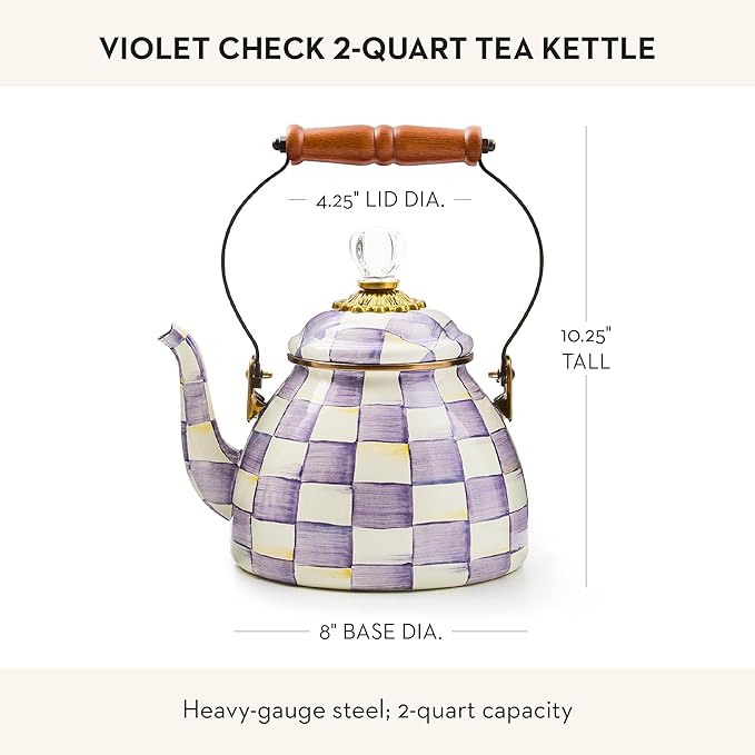Enamel Tea Kettle, Decorative Tea Kettle for Stovetop, 2 Quarts, Purple-and-White Violet Check