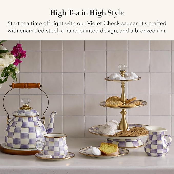 Enamel Saucer, Small Coffee and Teacup Saucer, Purple-and White Violet Check