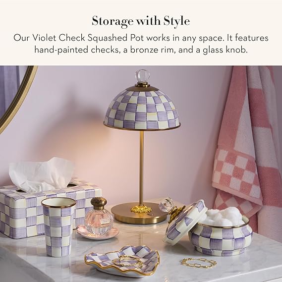 Enamel Squashed Pot, Enamelware Storage Canister with Lid, 20 Ounces, Purple-and-White Violet Check