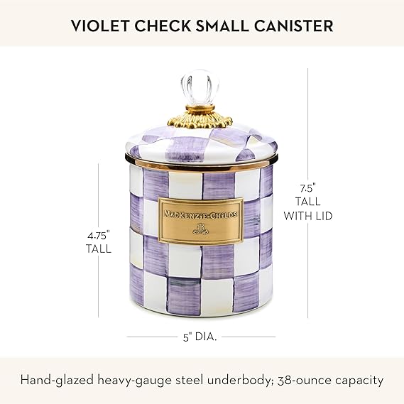 Enamel Canister, Kitchen Storage Container with Lid, Small, Purple-and-White Violet Check