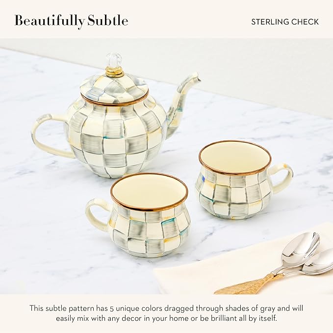 4-Cup Enamel Teapot, Cute Small Teapot with Lid, Gray-and-White Sterling Check
