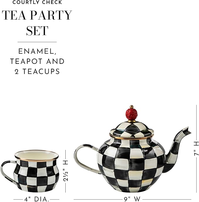 Enamel Tea Party Set, Unique Teapot and Teacups, Tea Accessories Set, Black-and-White Courtly Check