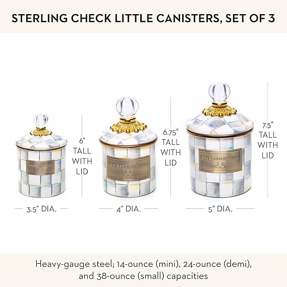 Enamel Canister Set, Mini (14 oz.), Demi (24 oz.), and Small (38 oz.) Kitchen Containers, Gray-and-White Sterling Check