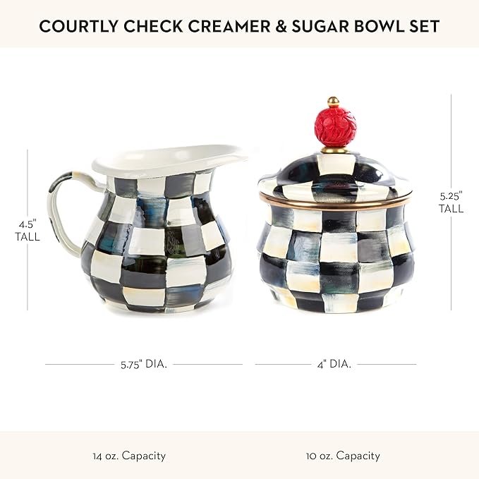 Enamel Creamer and Sugar-Bowl Set, Cream Dispenser and Sugar Holder, Unique Kitchen Decor, Black-and-White Courtly Check