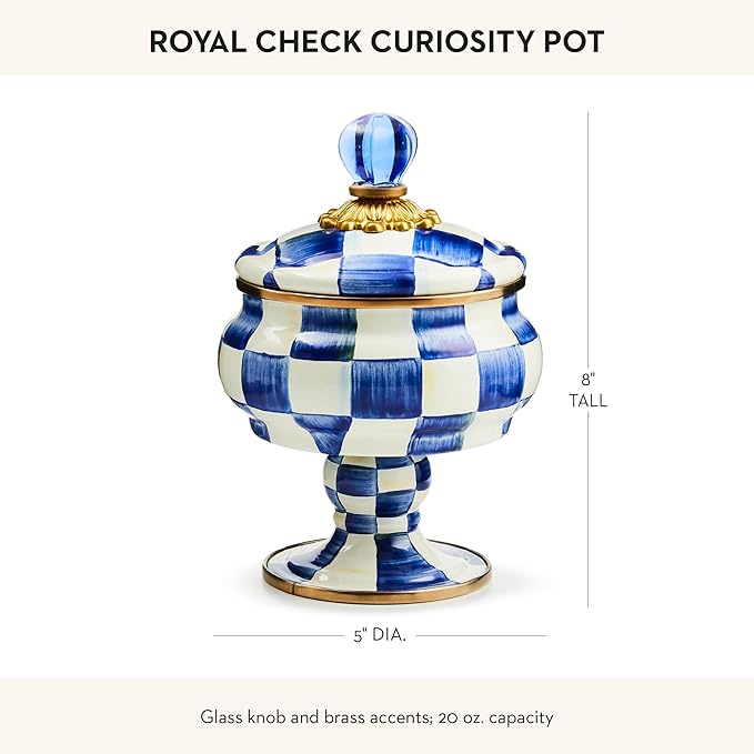 Enamel Curiosity Pot, Decorative Container for Home Decor, Blue-and-White Royal Check