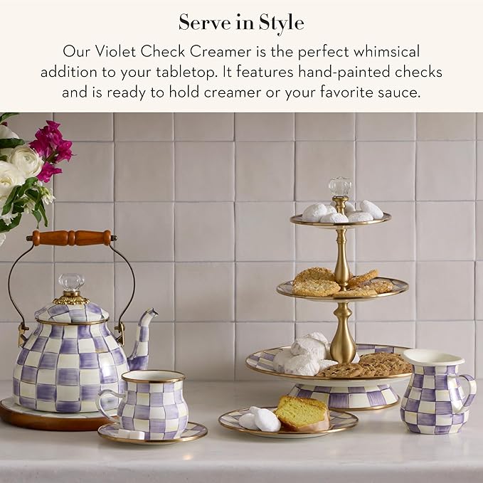Enamel Creamer, Creamer Dispenser with Pour Spout, 14-Ounce Capacity, Purple-and-White Violet Check