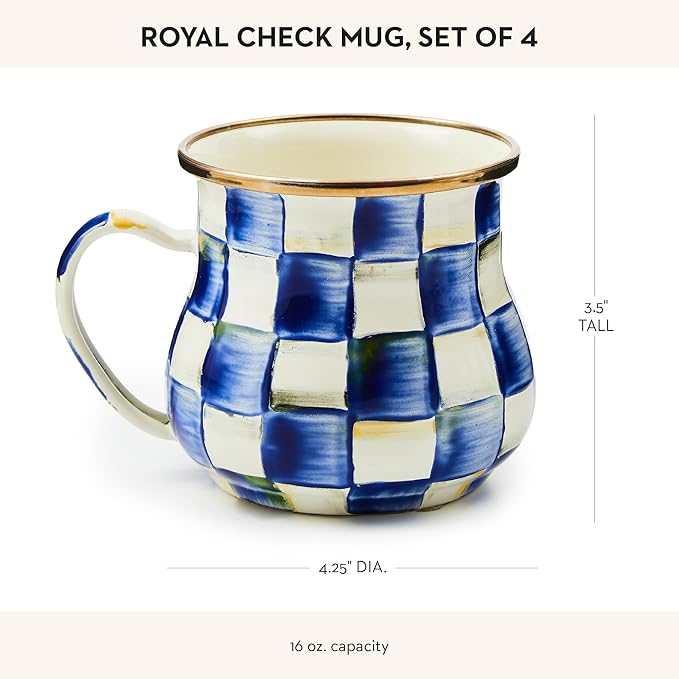 Enamel Mug, Cute Enamelware Coffee and Tea Mug, Unique Drinkware, 16 Ounces, Blue-and-White Royal Check, Set of 4