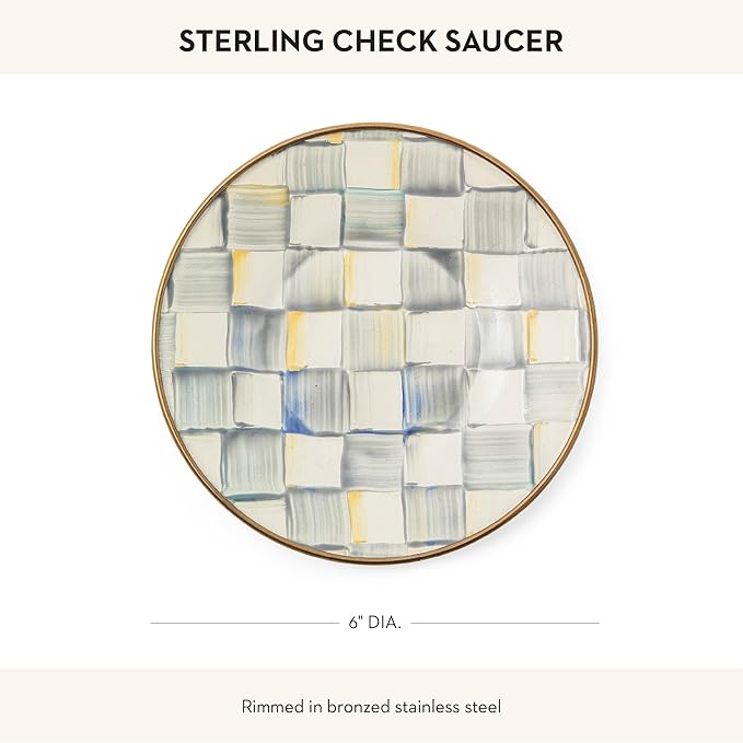 Enamel Saucer, Small Enamel Plate for Teacups, Gray-and-White Sterling Check