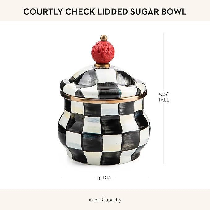 Enamel Lidded Sugar Bowl, Small Serving Bowl with Lid, 10-Ounce Capacity, Black-and-White Courtly Check