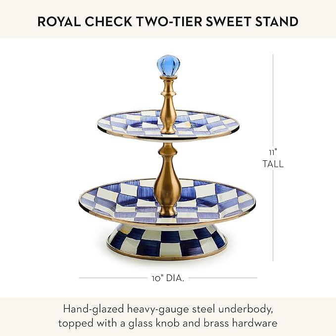 Enamel Two-Tier Sweet Stand, Two-Tiered Serving Tray for Dessert, Blue-and-White Royal Check
