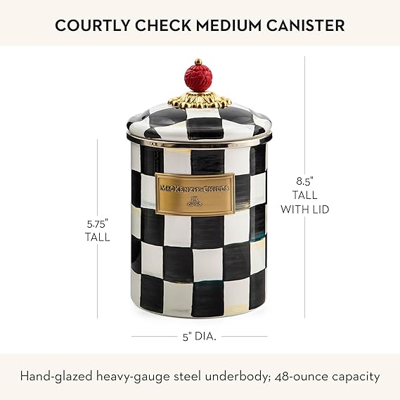 Medium Enamel Canister, Kitchen Storage Container for Flour and Sugar, 1.42 Liters, Black-and-White Courtly Check