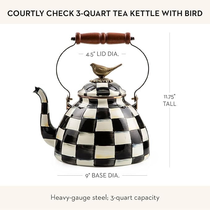 Enamel Tea Kettle, Cute Kitchen Kettle for Stovetop, 3-Quart Capacity, Black-and-White Courtly Check with Bird Topper