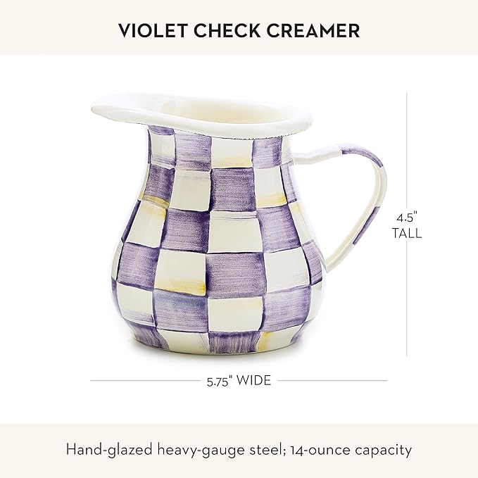 Enamel Creamer, Creamer Dispenser with Pour Spout, 14-Ounce Capacity, Purple-and-White Violet Check