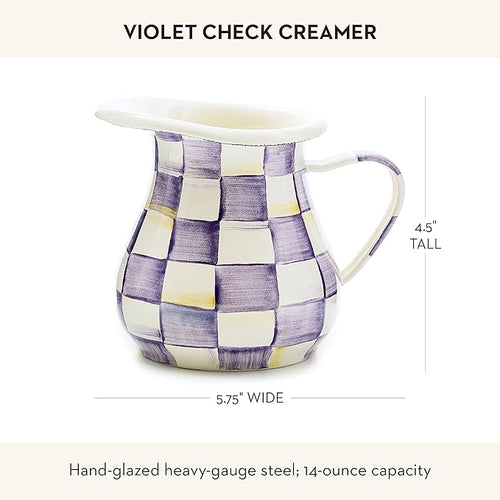 Enamel Creamer, Creamer Dispenser with Pour Spout, 14-Ounce Capacity, Purple-and-White Violet Check
