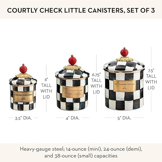 Enamel Canister Set, Mini (14 oz.), Demi (24 oz.), and Small (38 oz.) Kitchen Containers, Black-and-White Courtly Check