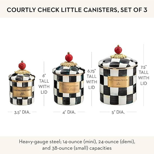 Enamel Canister Set, Mini (14 oz.), Demi (24 oz.), and Small (38 oz.) Kitchen Containers, Black-and-White Courtly Check
