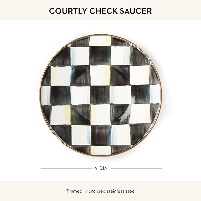 Enamel Saucer, Small Enamel Plate for Teacups, Black-and-White Courtly Check
