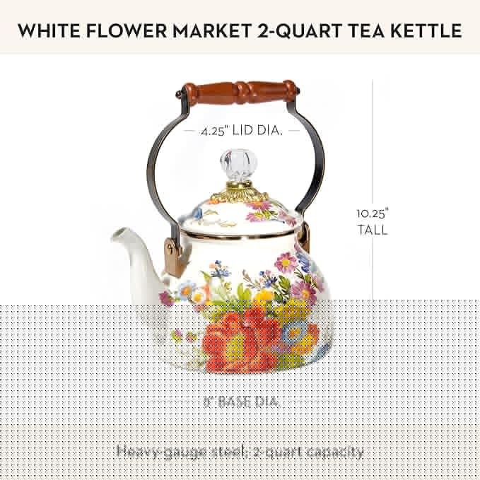 Enamel Tea Kettle, Stylish Tea Kettle for Stovetop, White Flower Market, 2 Quarts
