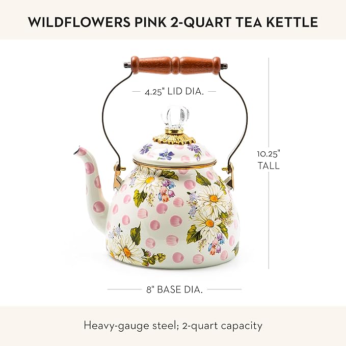 Enamel Tea Kettle, Cute Kitchen Kettle for Stovetop, 2-Quart Capacity, Pink Wildflowers