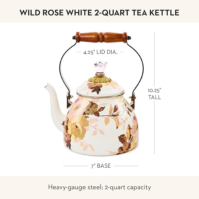 Enamel Tea Kettle, Cute Tea Kettle for Stovetop, 2 Quarts, Wild Rose White