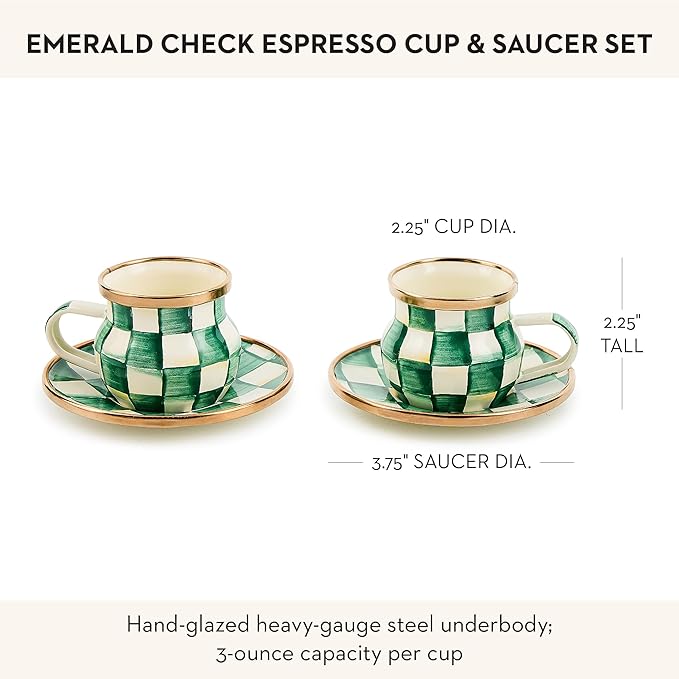 Espresso Cup and Saucer Set, Cute Small Coffee Cups and Saucers, Set of 2, Green-and-White Emerald Check