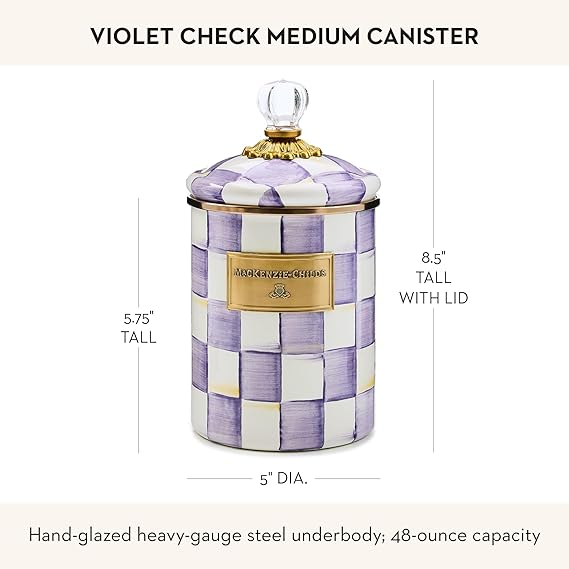 Enamel Canister, Kitchen Storage Container with Lid, Medium, Purple-and-White Violet Check