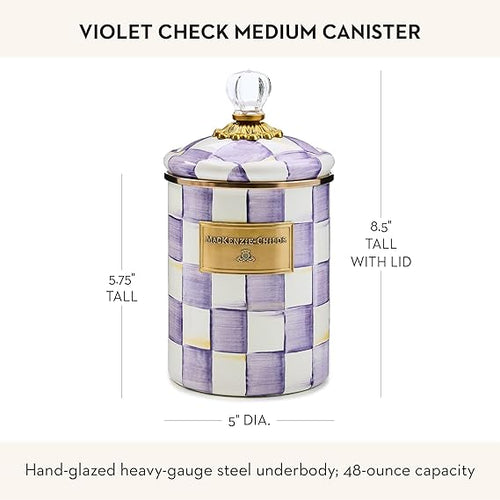 Enamel Canister, Kitchen Storage Container with Lid, Medium, Purple-and-White Violet Check