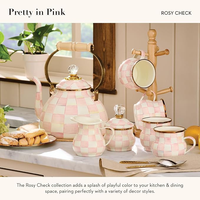 Enamel Creamer and Sugar-Bowl Set, Cream Dispenser and Sugar Holder, Unique Kitchen Decor, Pink-and-White Rosy Check