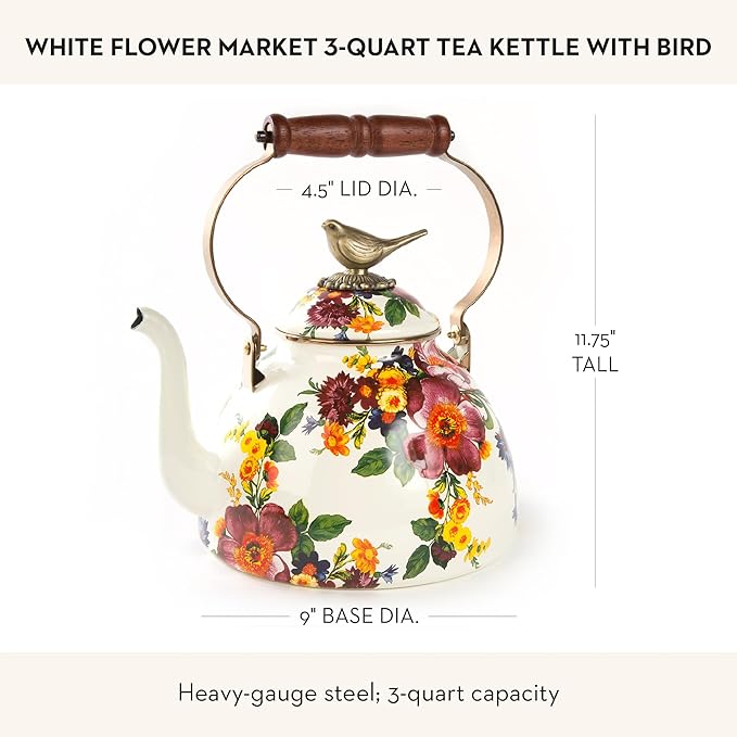 Enamel Tea Kettle, Cute Kitchen Kettle for Stovetop, 3-Quart Capacity, White Flower Market with Bird Topper
