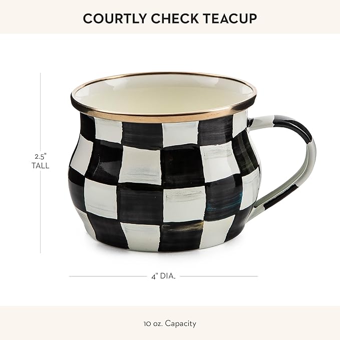 Enamel Teacup, Unique Coffee and Tea Mug, Enamel Cup for Hot Tea, 10 Ounces, Black-and-White Courtly Check