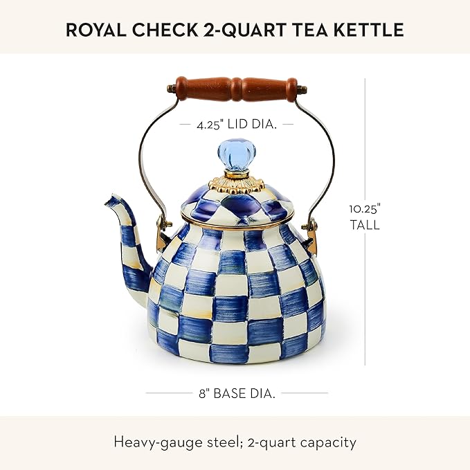 Enamel Tea Kettle, Stylish Tea Kettle for Stovetop, Blue-and-White Royal Check, 2 Quarts