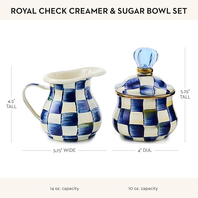 Enamel Creamer and Sugar-Bowl Set, Cream Dispenser and Sugar Holder, Unique Kitchen Decor, Blue-and-White Royal Check