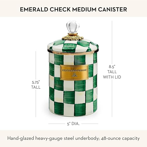 Medium Enamel Canister, Kitchen Storage Container with Lid, Green-and-White Emerald Check