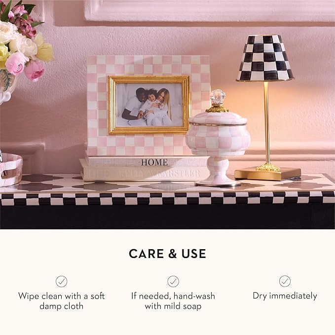 Enamel Curiosity Pot, Decorative Container for Home Decor, Pink-and-White Rosy Check