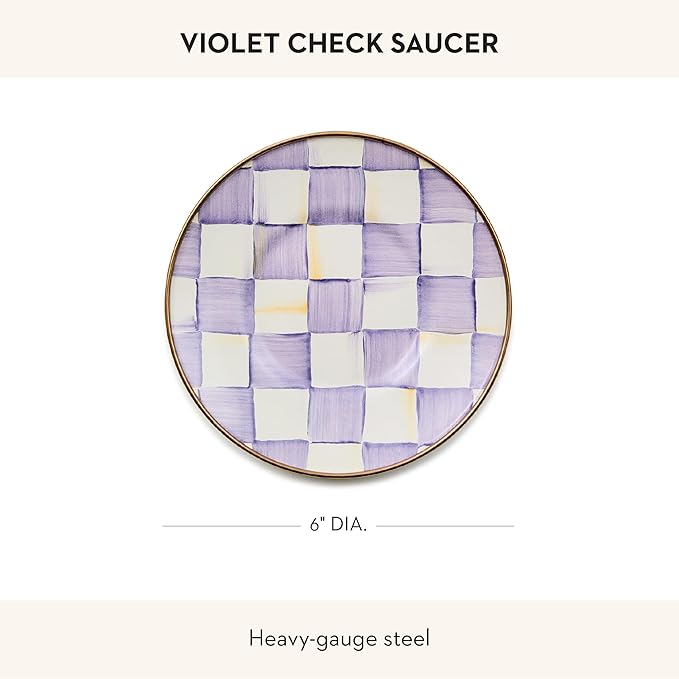 Enamel Saucer, Small Coffee and Teacup Saucer, Purple-and White Violet Check