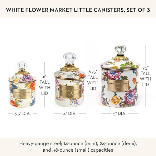 Enamel Canister Set, Mini (14 oz.), Demi (24 oz.), and Small (38 oz.) Kitchen Containers, White Flower Market